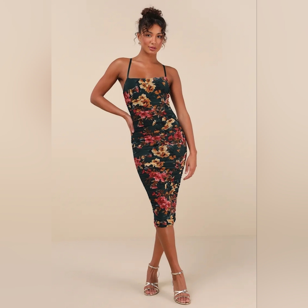 NWOT Lulus Date Night Beauty Dark Green Floral Print Mesh Ruched Midi Dress